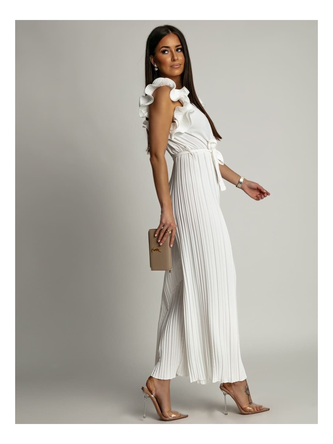 Pleated jumpsuit with ruffles, white AZR1102